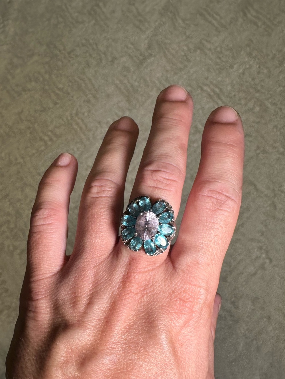 Vintage Sterling Silver Amethyst and Aquamarine Size 7.25 Flower Ring